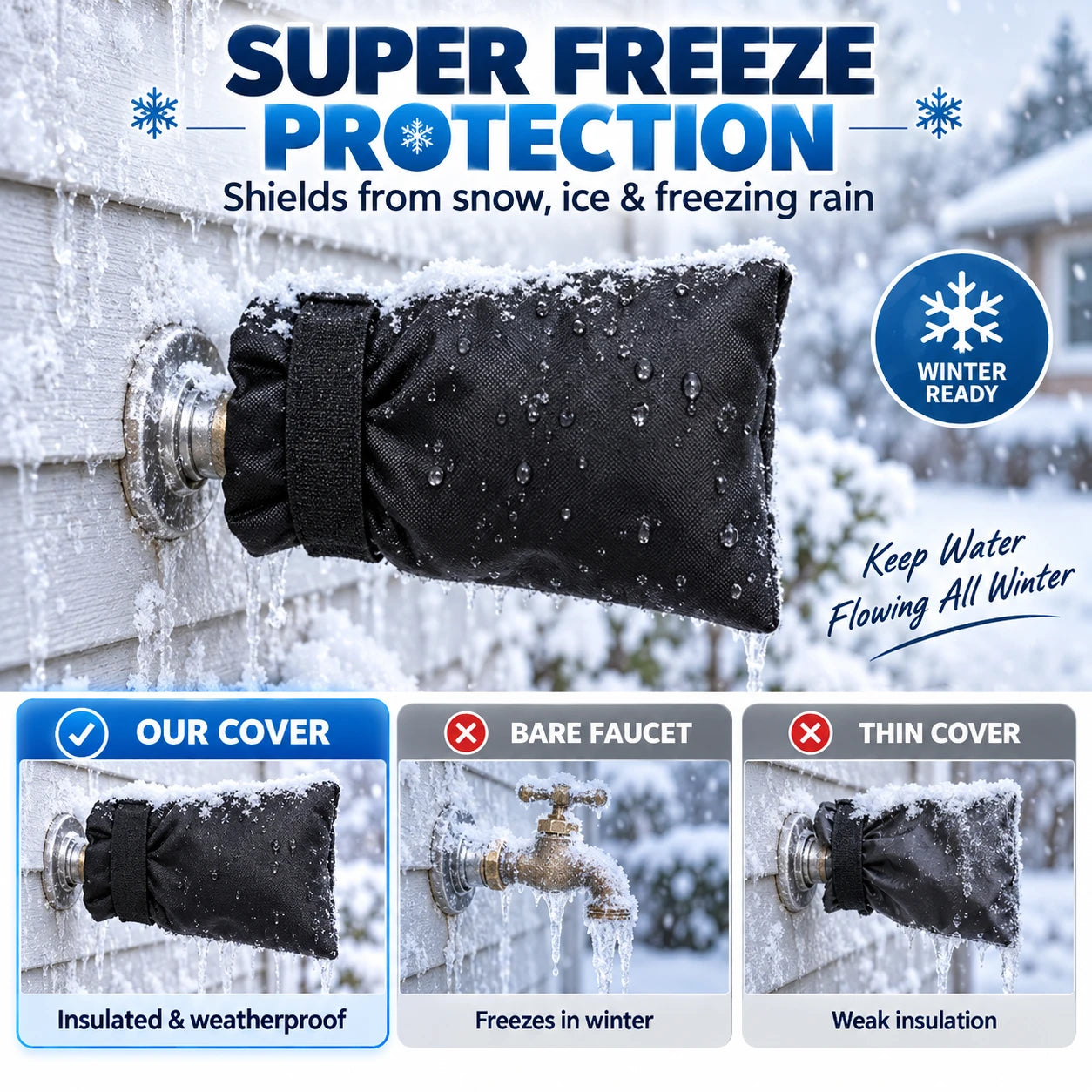 Insulated outdoor faucet cover protecting a faucet from snow and freezing weather
