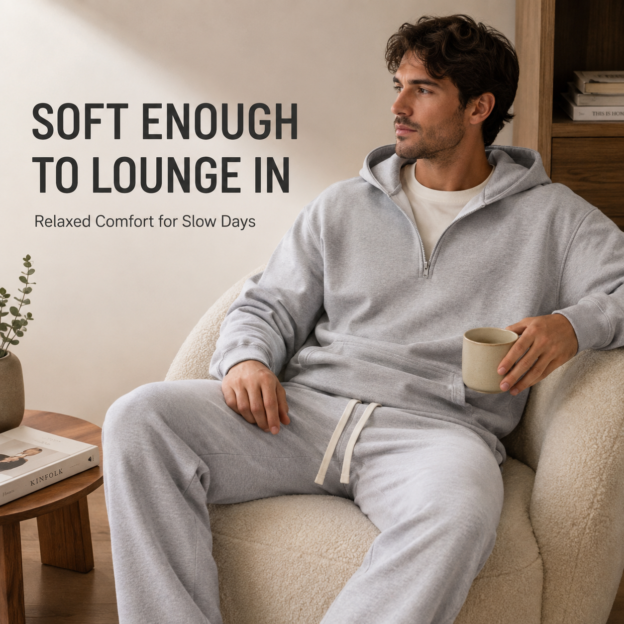 Back view showing relaxed drape and ribbed sleeve cuffs