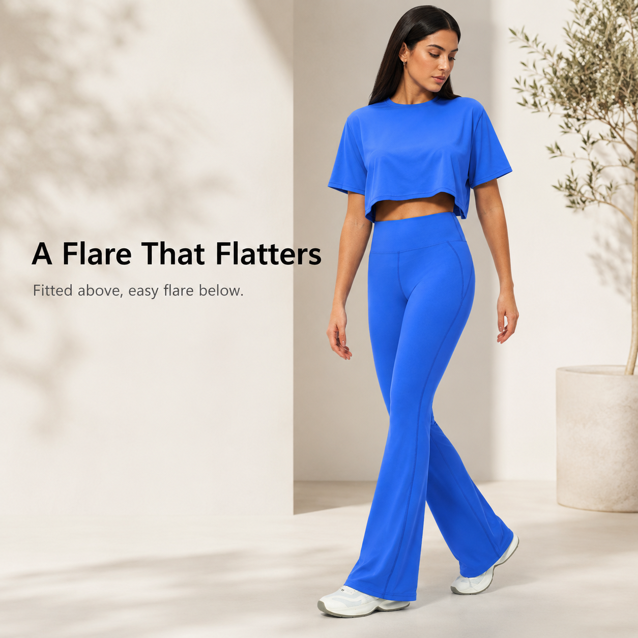 Casual daily wear outfit with cropped tee and flared pants