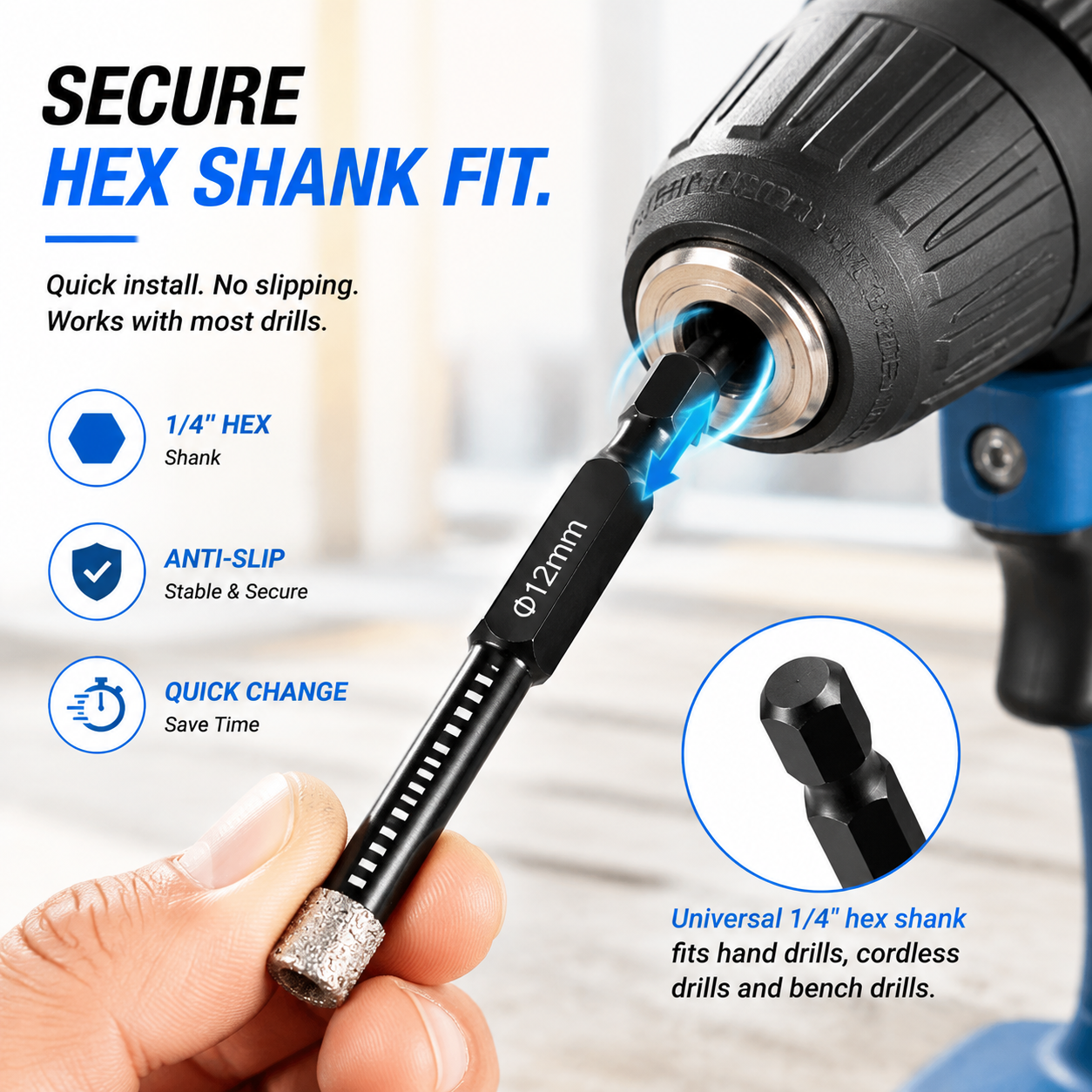 Diamond bits compatible with hand drills, cordless drills, and bench drills