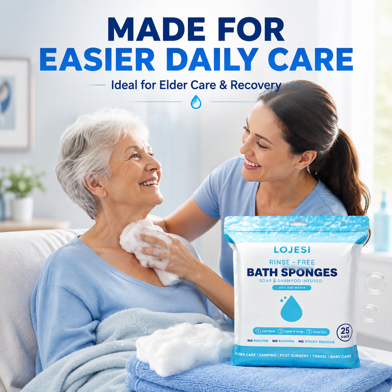 Three step bathing method wet lather and towel dry
