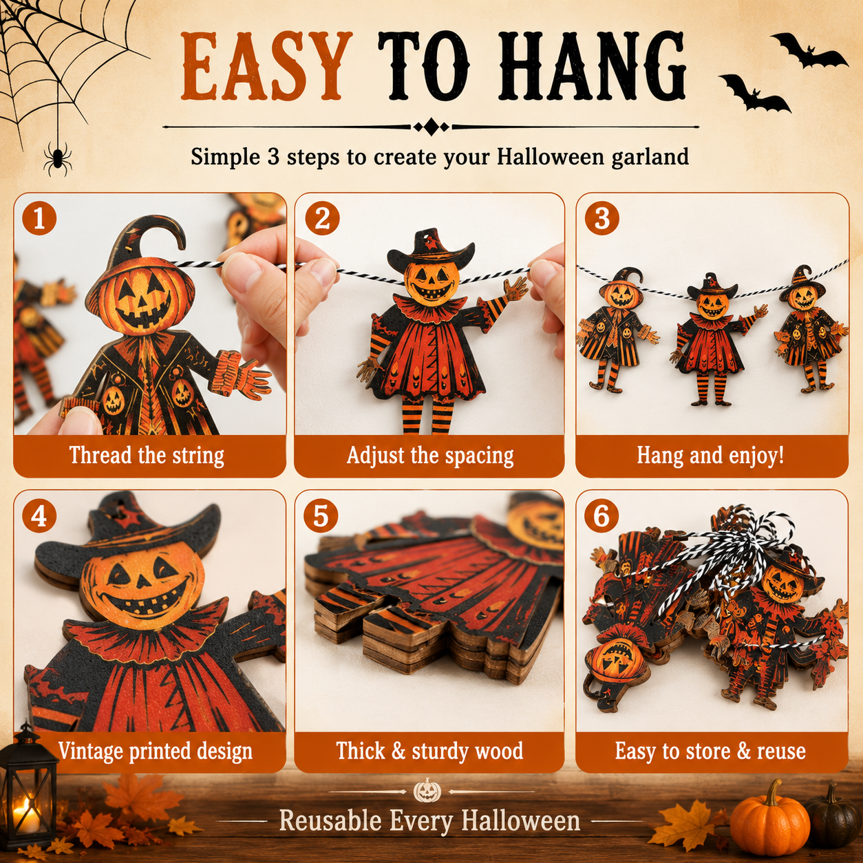 Threading cotton string through wooden pumpkin pieces