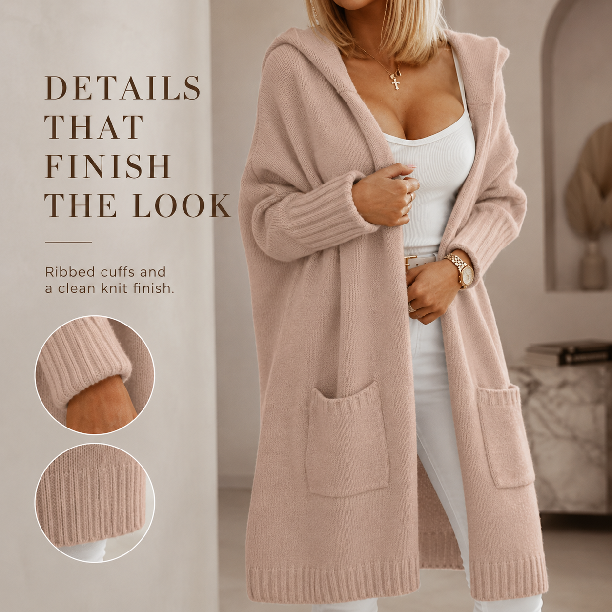 Travel outfit featuring oversized hooded cardigan