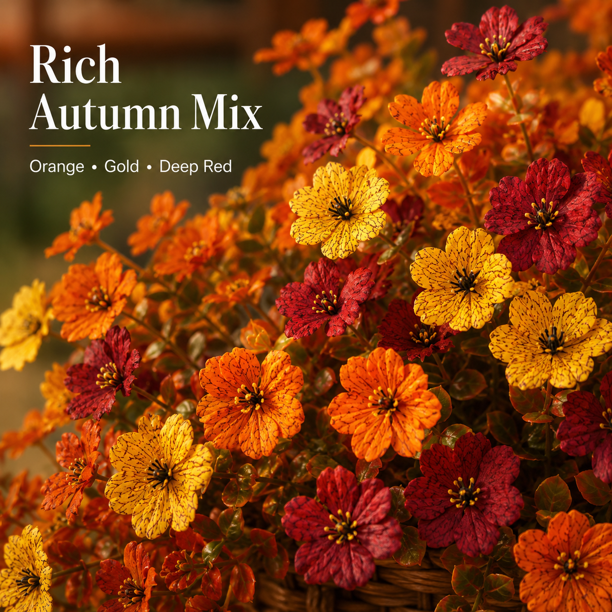 Abundant fall blooms spilling over patio railing planter boxes