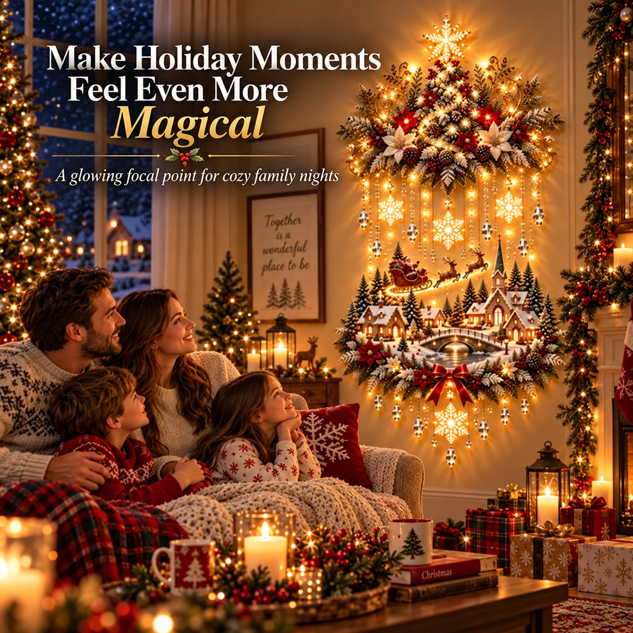 Family enjoying illuminated Christmas wall decoration