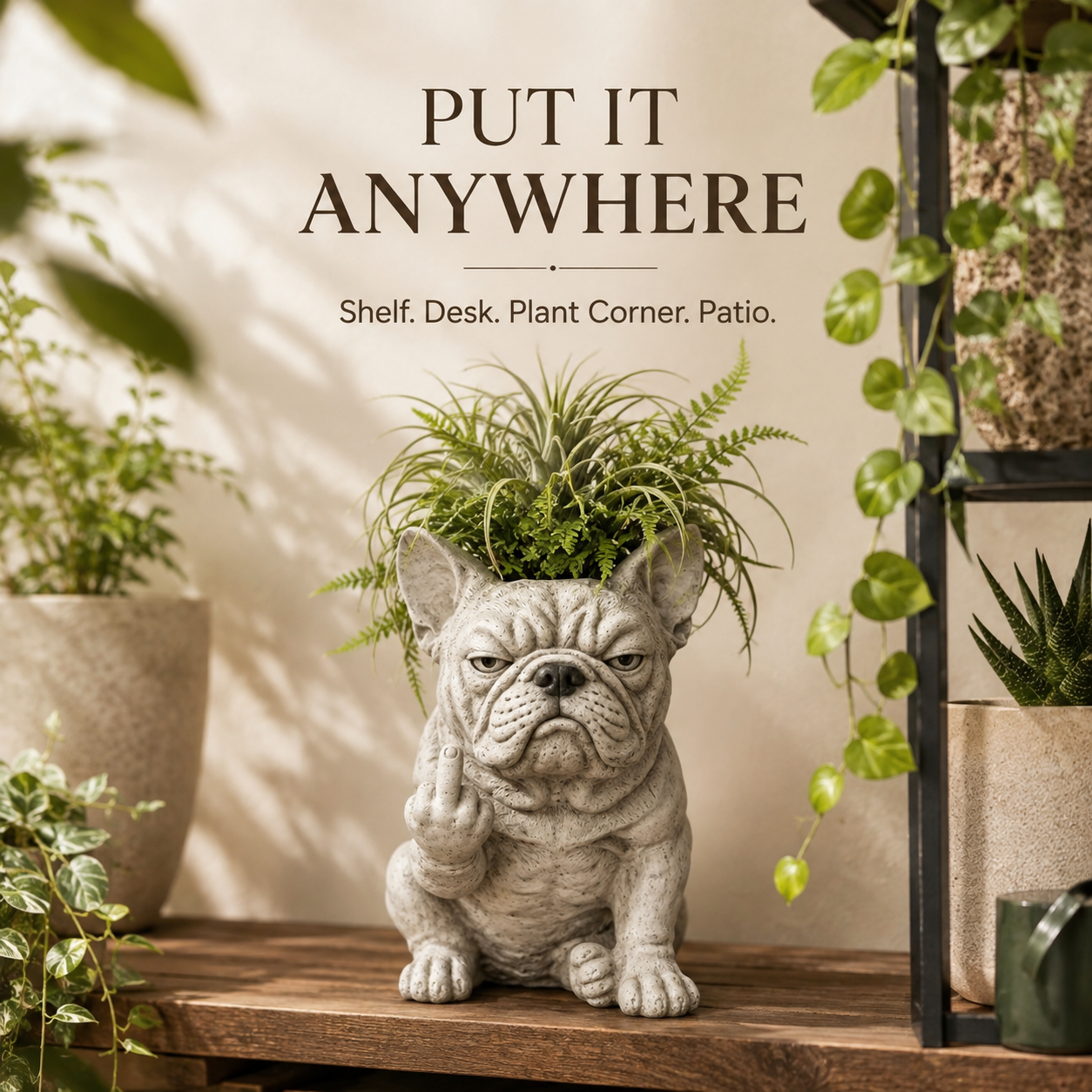Attitude animal planter placed on outdoor patio garden bench