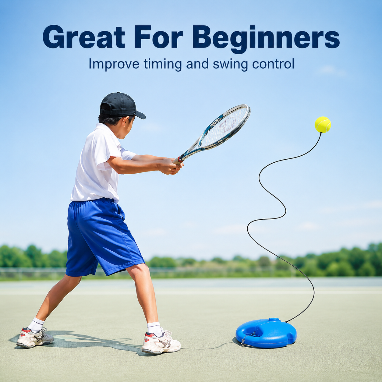 Player demonstrating tennis swing rhythm on court with rebound trainer