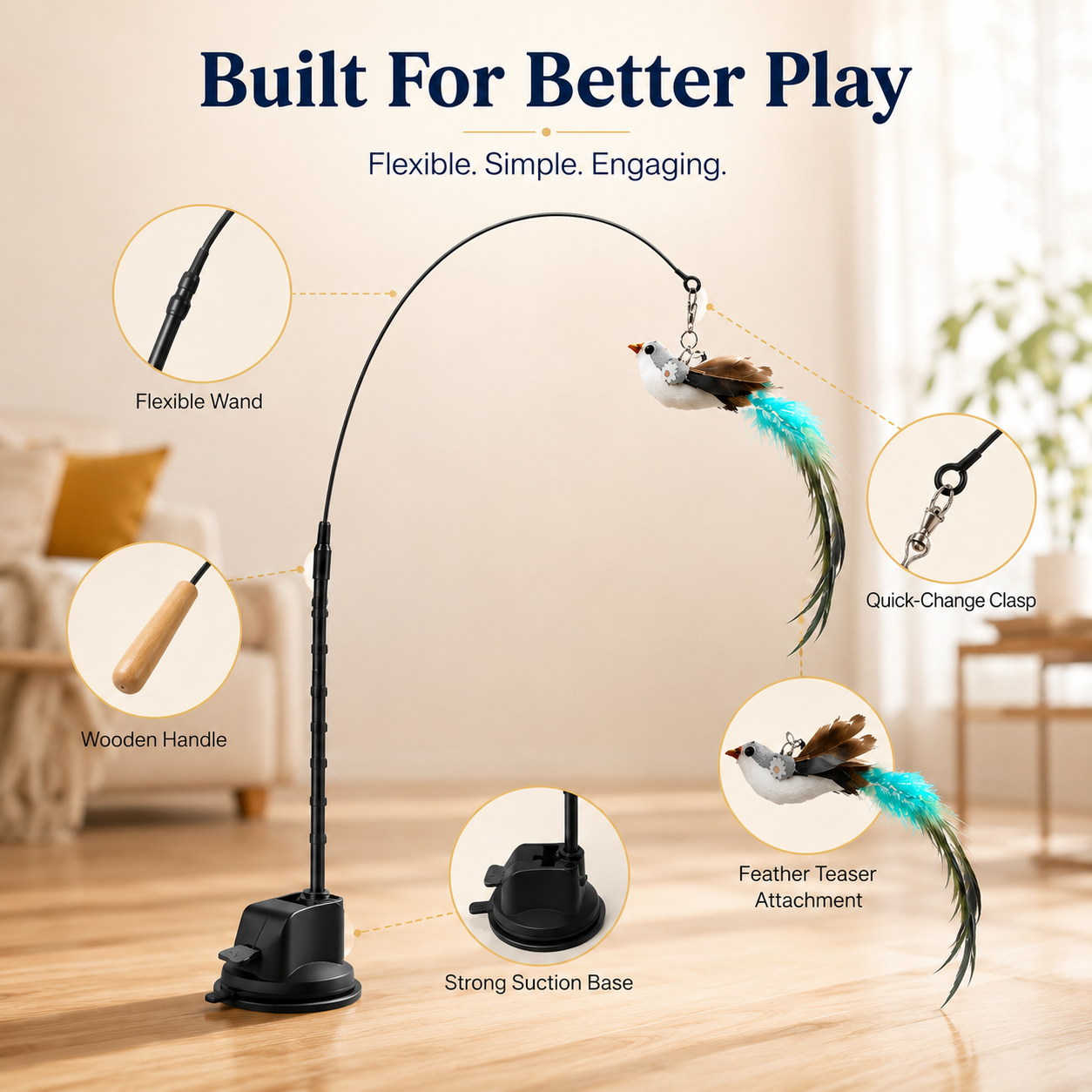 Full cat teaser set components including suction base wands and feather toys