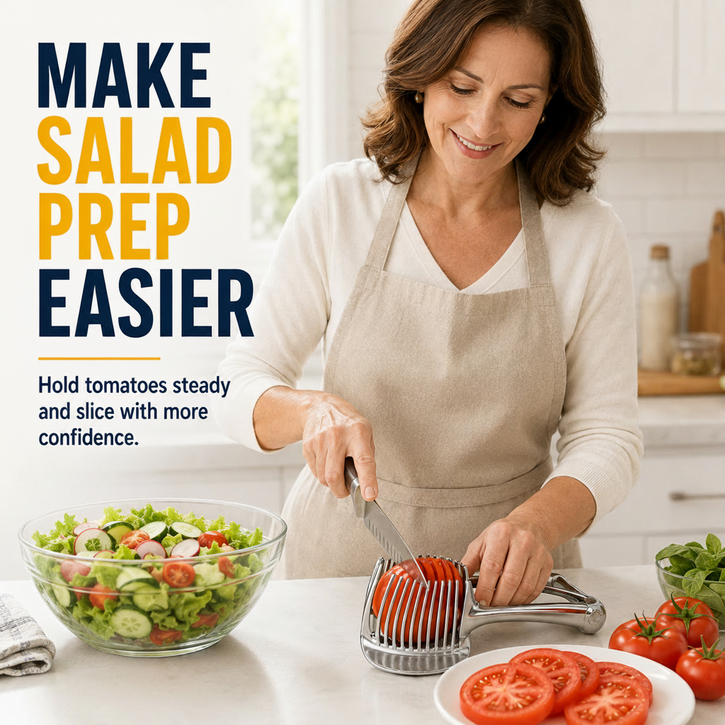 Kitchen slicing aid holding a tomato away from fingertips