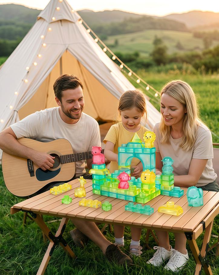Happy family playtime with colorful sensory blocks