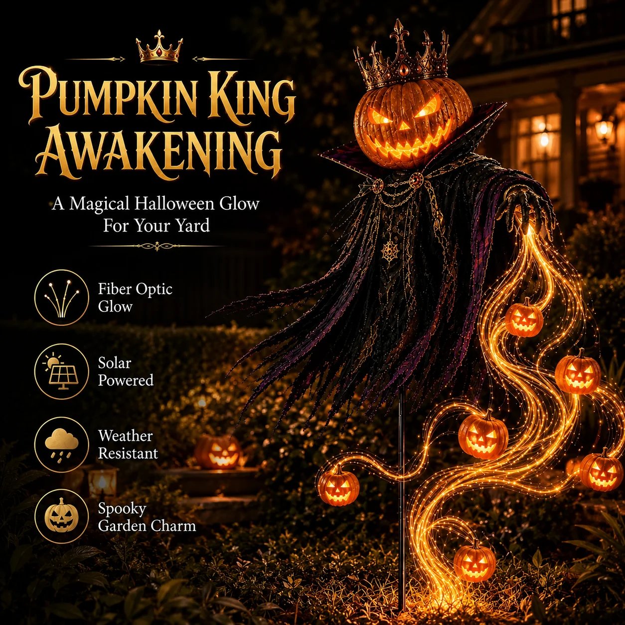 Solar Pumpkin King fiber optic Halloween garden stake glowing outdoors