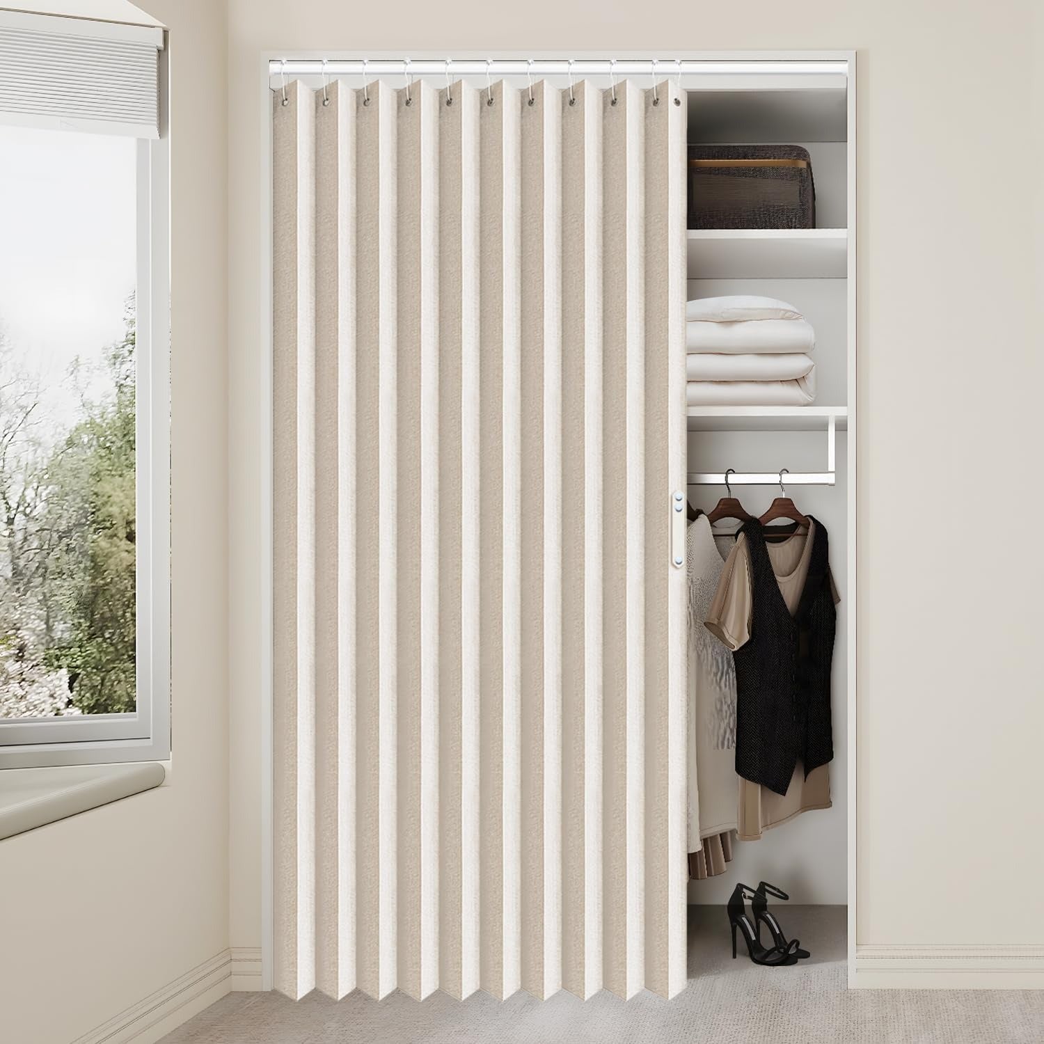 No-drill pleated accordion doorway curtain with included tension rod