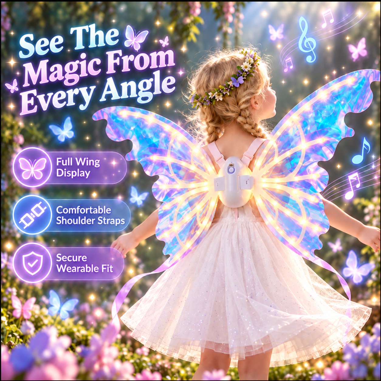 Girl wearing electric butterfly wings with colorful LED light glow