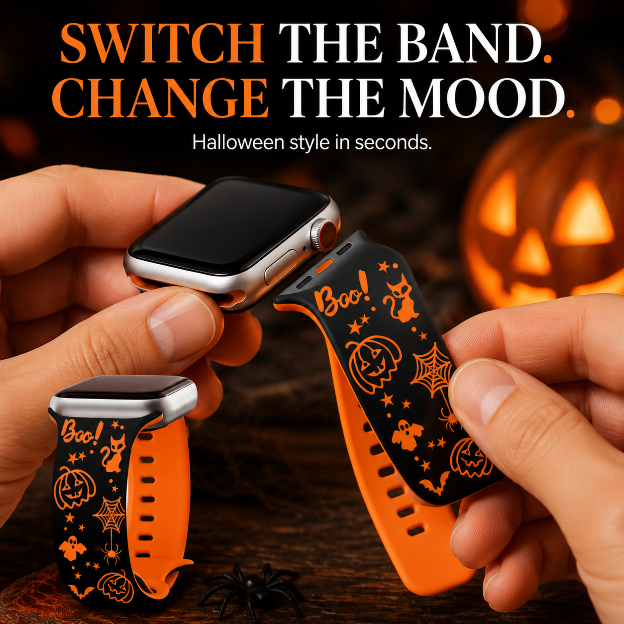 Close up detail of engraved halloween characters on watch band