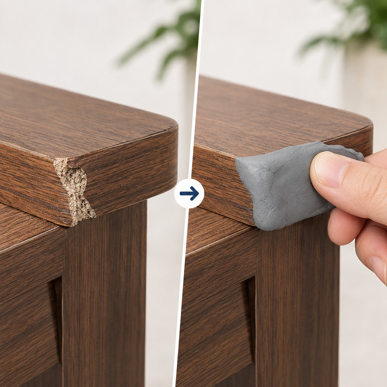 Moldable repair putty filling a chipped wooden furniture corner