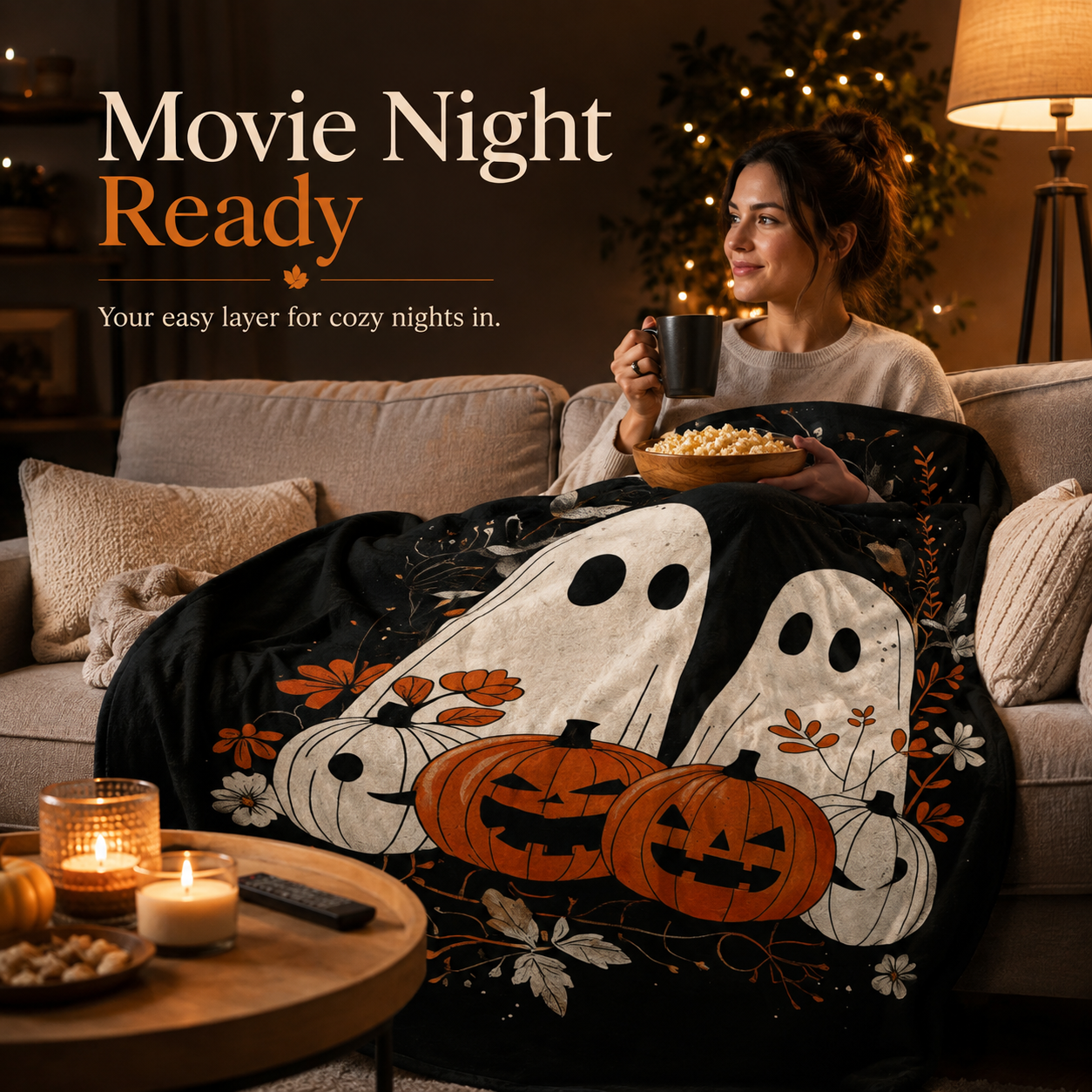 Halloween pumpkin ghost and floral patchwork print blanket detail