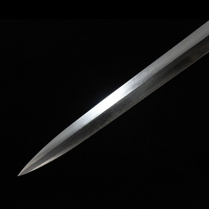 Detailed view of the sharp point of a 65 Manganese Steel rapier blade.