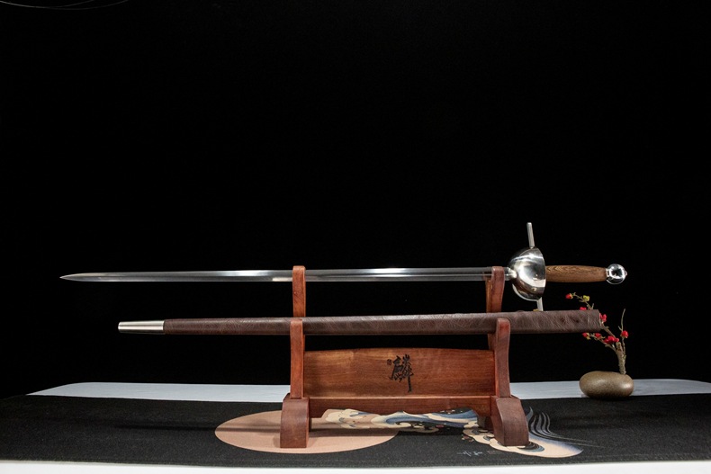 Professional studio shot of the 65 Manganese Steel rapier and scabbard on a wooden display stand.