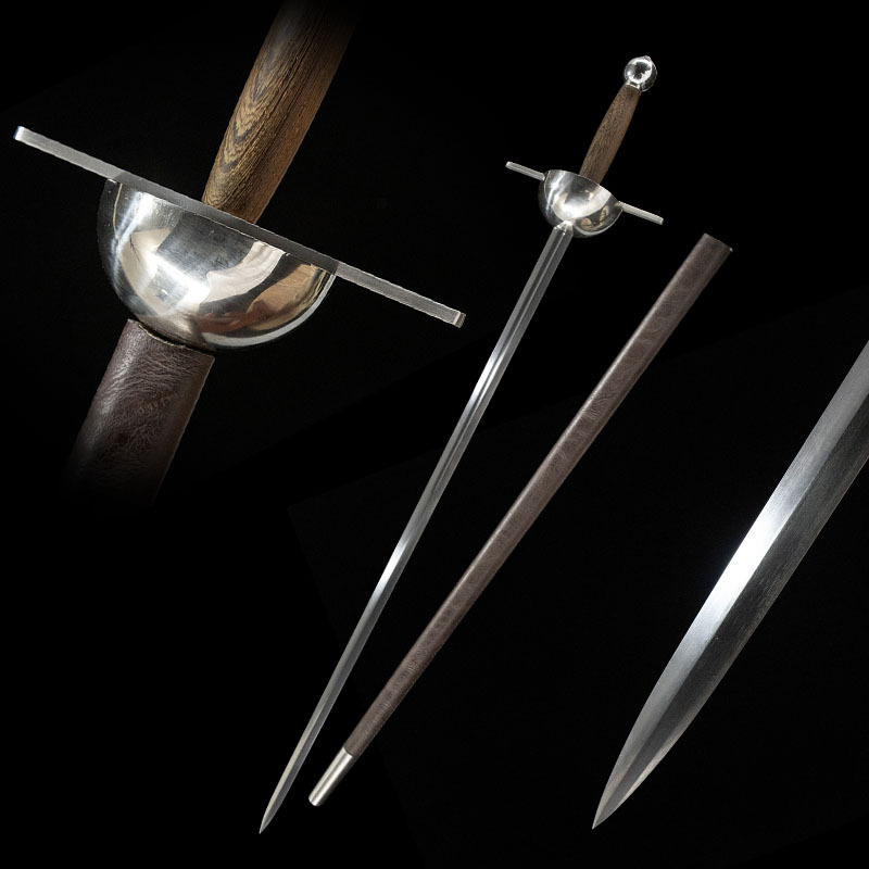 Full set of 65 Manganese Steel rapier with brown scabbard, studio shot.