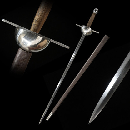 Full set of 65 Manganese Steel rapier with brown scabbard, studio shot.