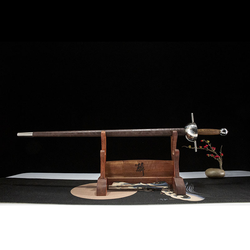Custom 65 Manganese Steel rapier displayed on a wooden stand.