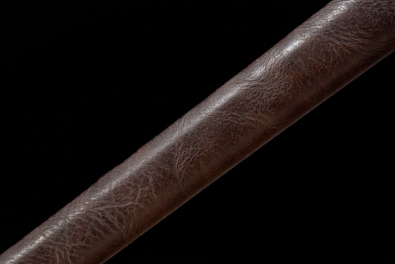 Close-up view of the detailed leather-wrapped scabbard texture for 65 Manganese Steel rapier.