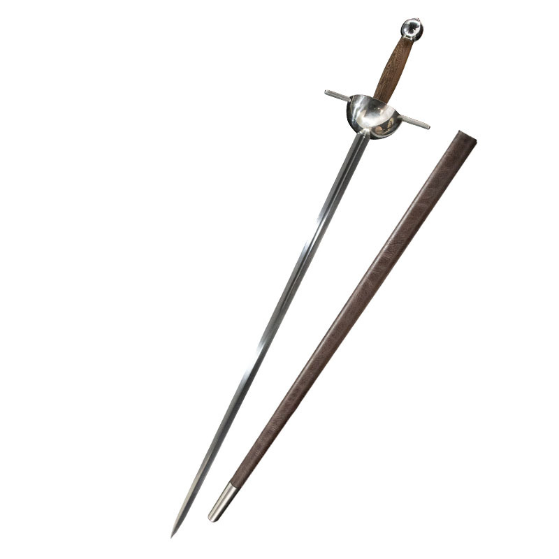 Isolated full view of 65 Manganese Steel rapier with leather-wrapped scabbard.