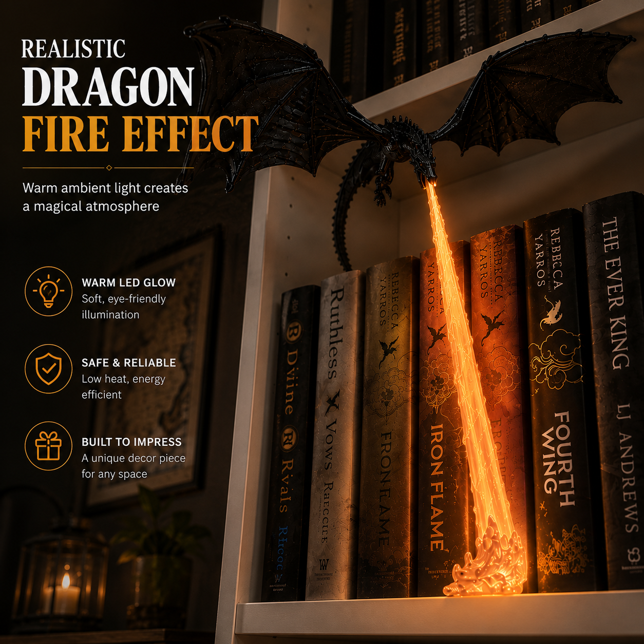 Fire-breathing dragon bookshelf decor lamp with glowing LED flame