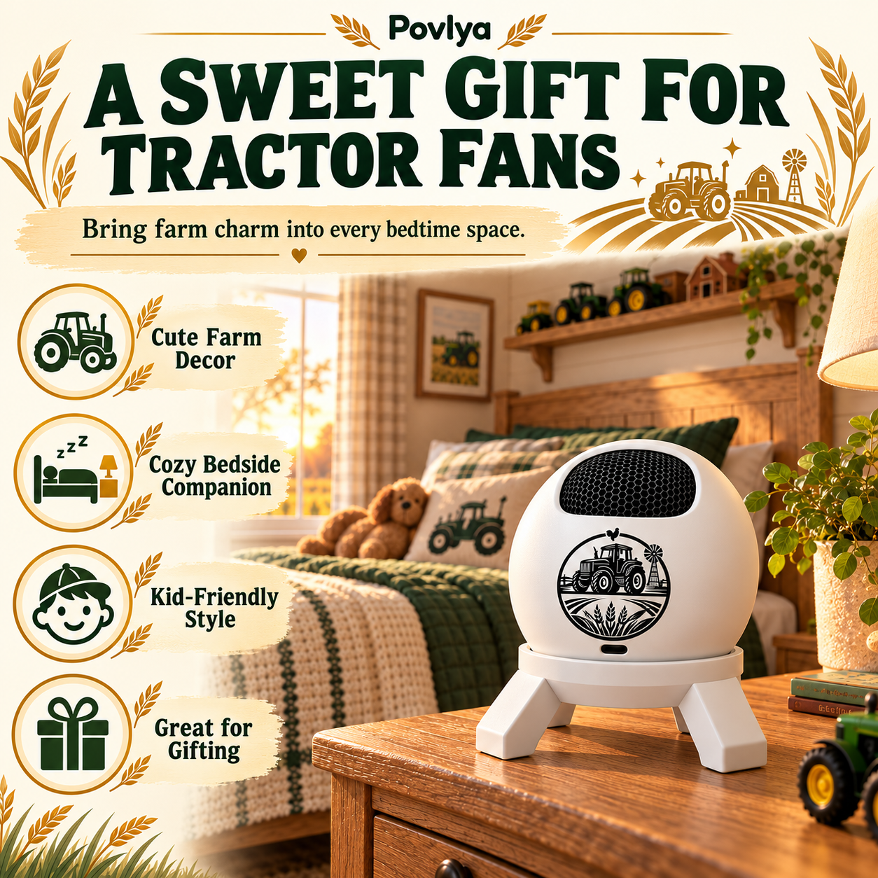 Immersive countryside scene with giant green tractors projected across bedroom