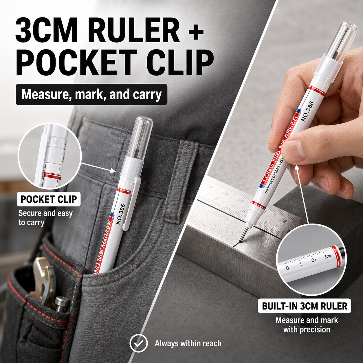 Single-ended long nib marker with 3cm ruler and pocket clip
