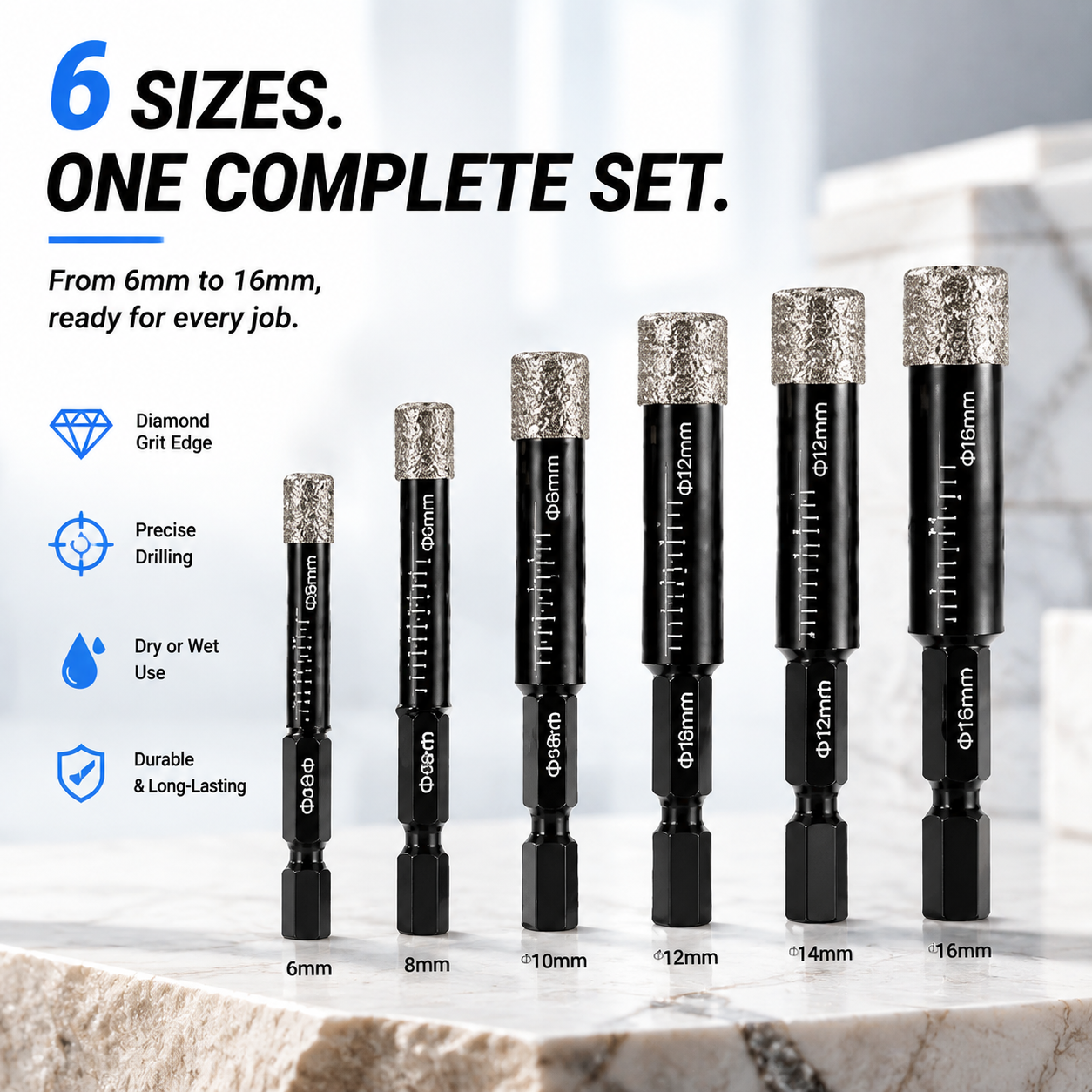 Dimension size guide for 6mm to 16mm bits
