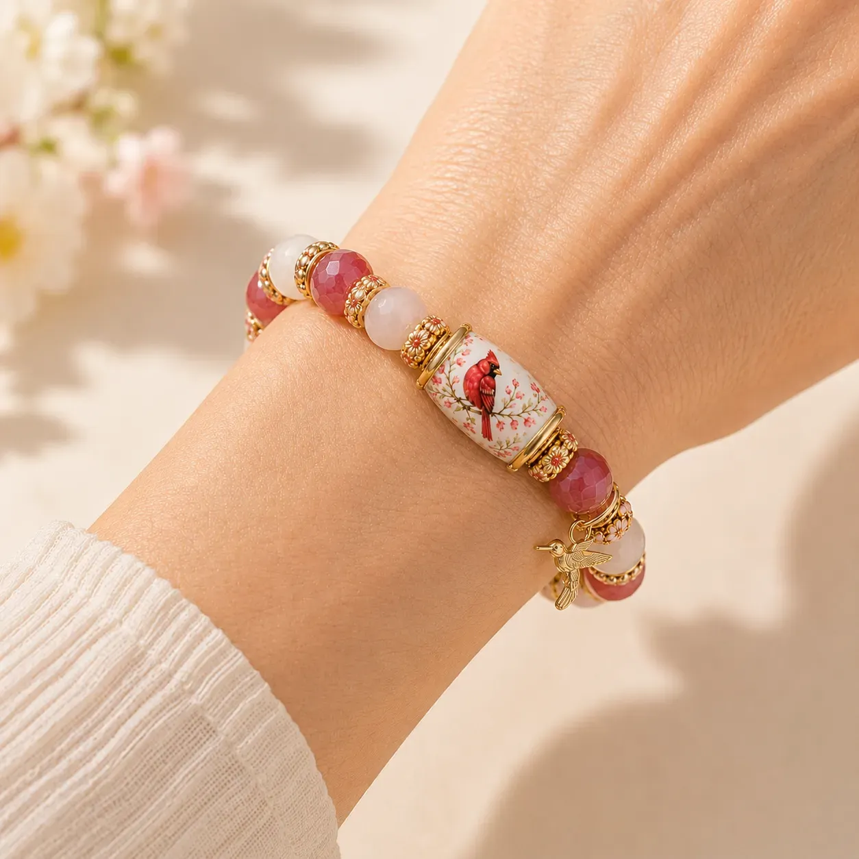 Cardinal remembrance bracelet winter red bead gold-tone spacers charm
