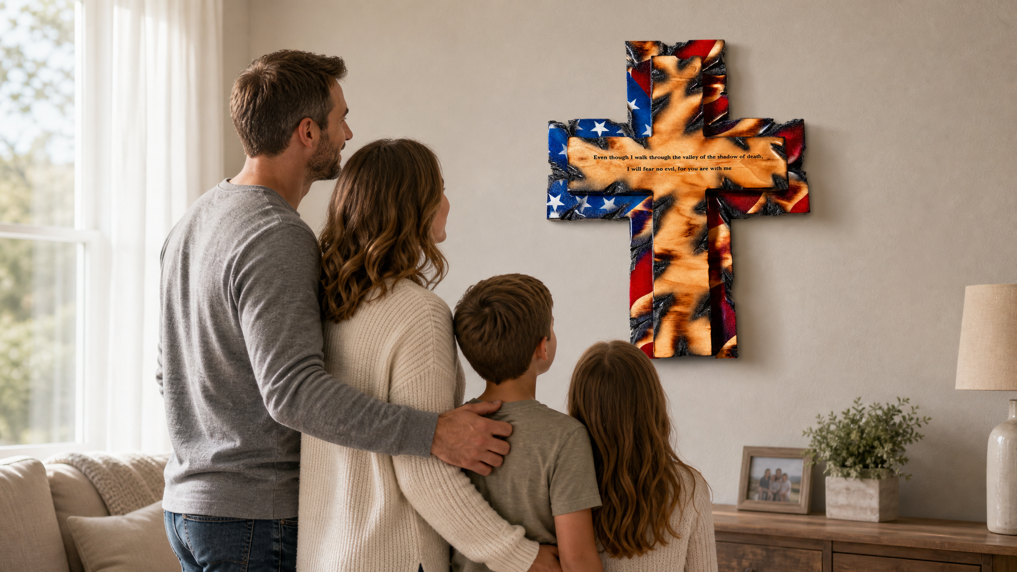 Layered patriotic wooden cross epoxy finish detail