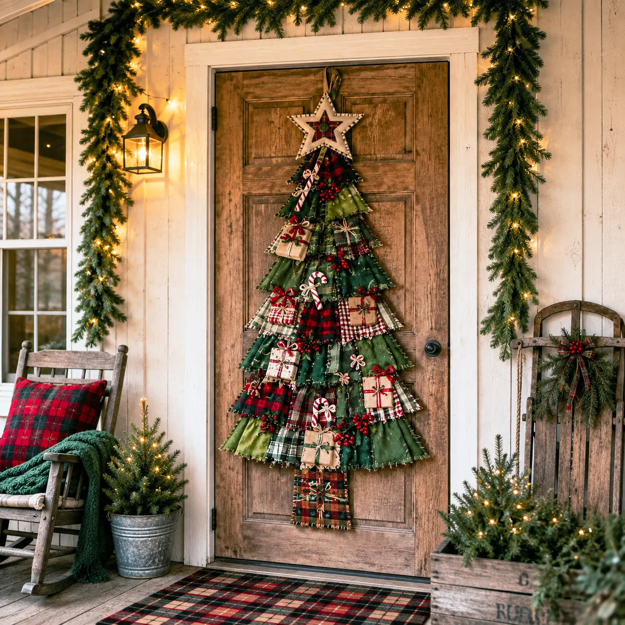 Oversized patchwork Christmas tree door hanging full view