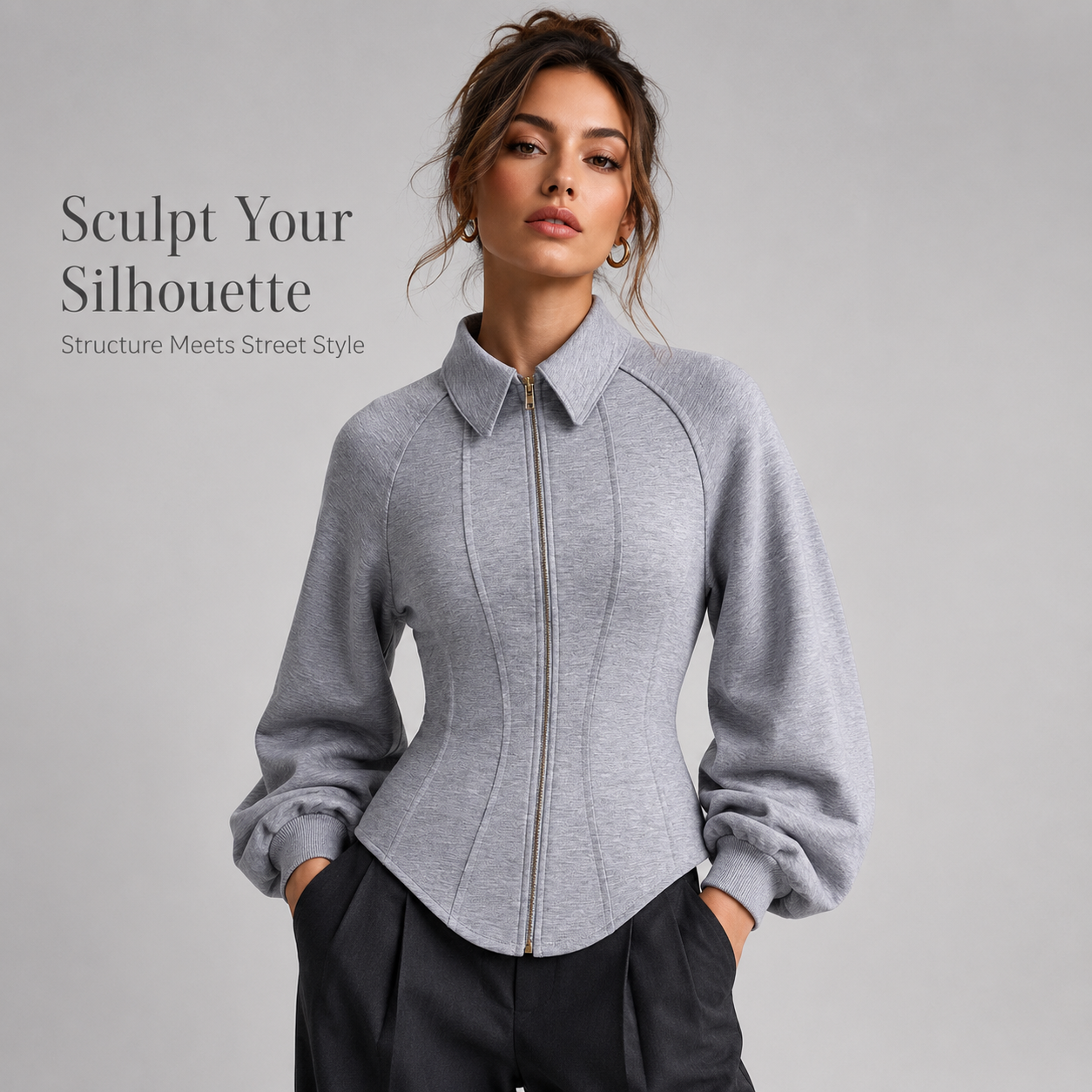 Pointed fold-over collar and zip closure close look