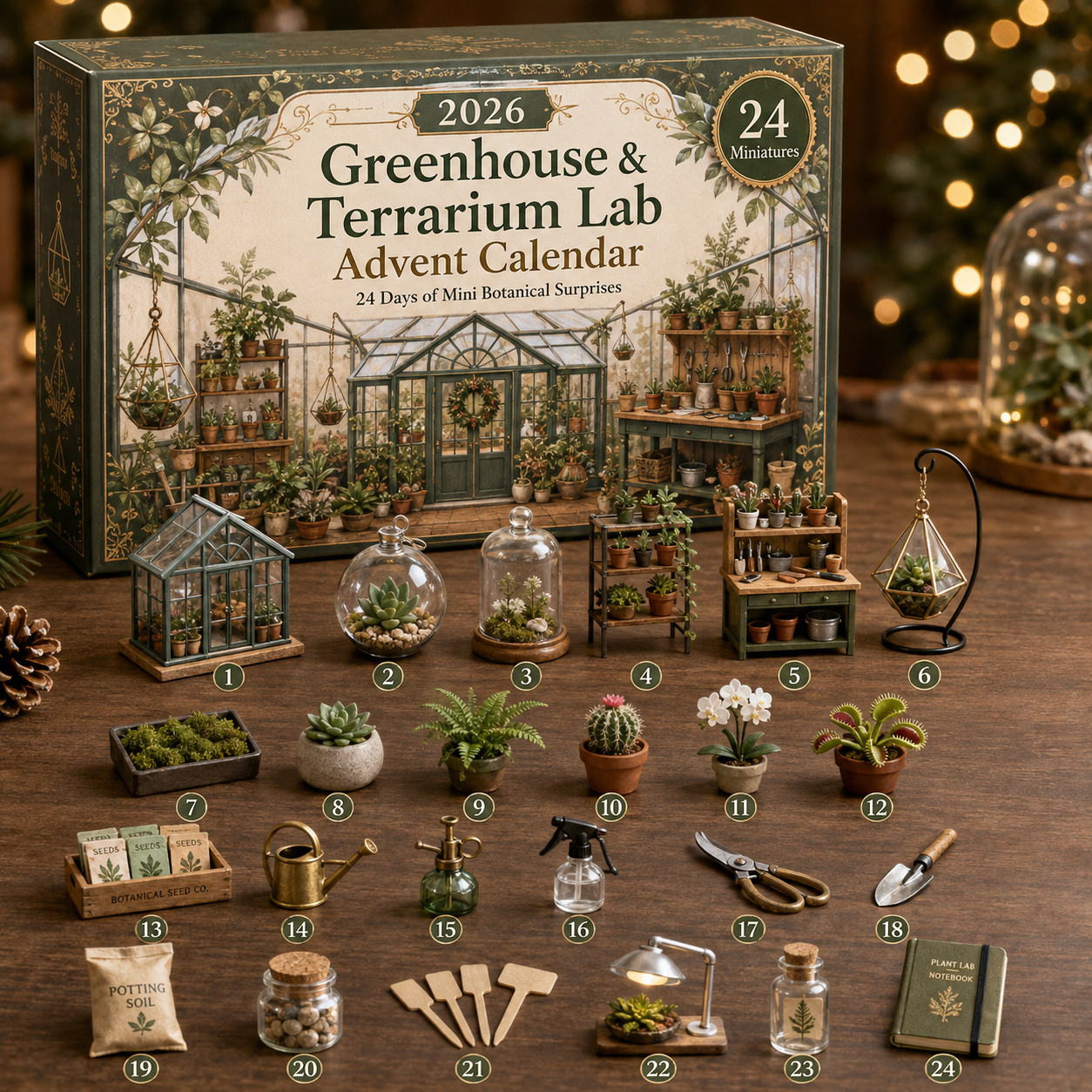 2026 Greenhouse and Terrarium Lab Advent Calendar with 24 botanical miniatures