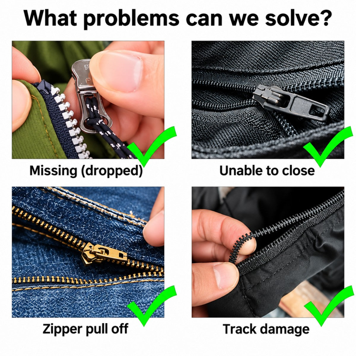 Common zipper problems including missing zipper slider and damaged zipper
