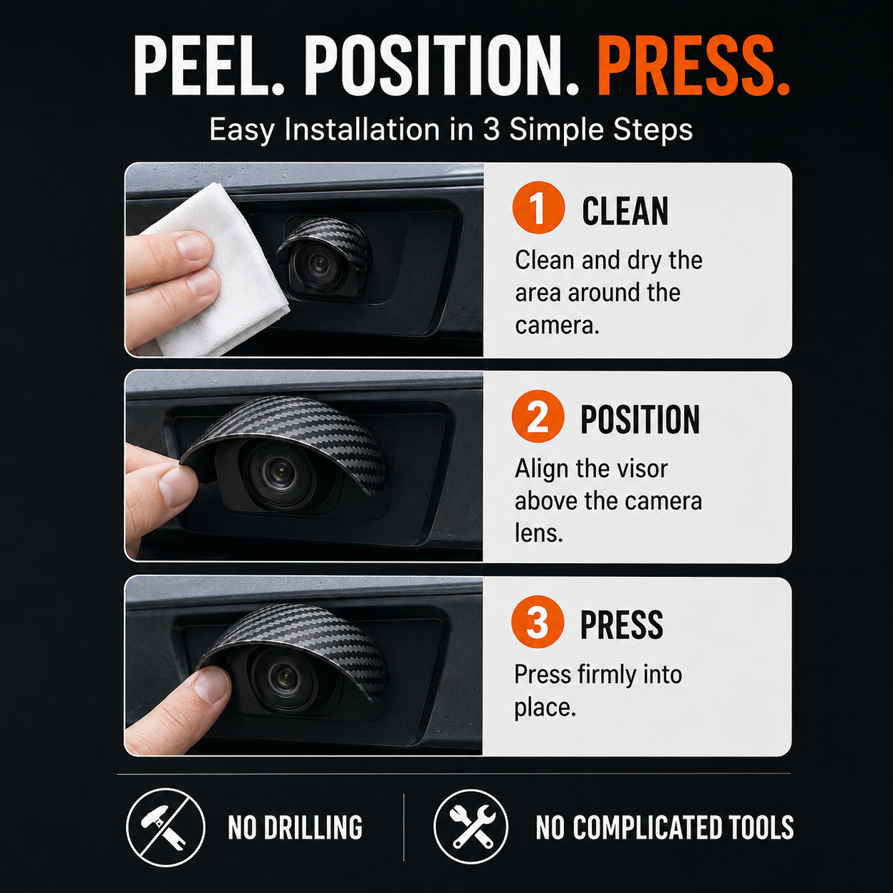 Three step peel and stick installation process for camera visor
