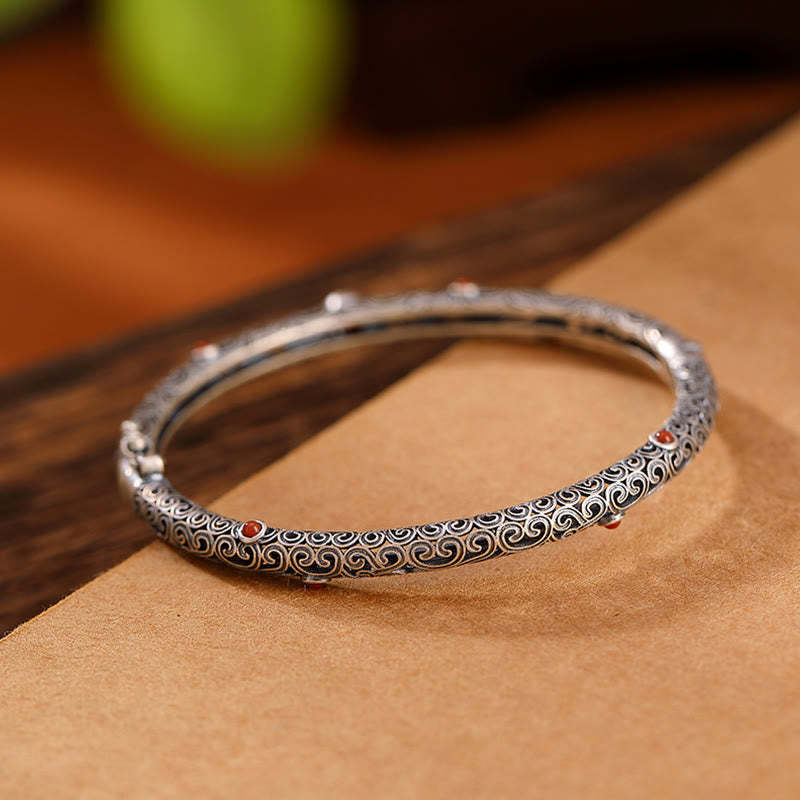 Vintage Tang Dynasty Flower Design Engraved Red Agate Copper Luck Bracelet Bangle