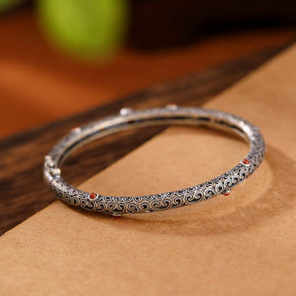 Vintage Tang Dynasty Flower Design Engraved Red Agate Copper Luck Bracelet Bangle