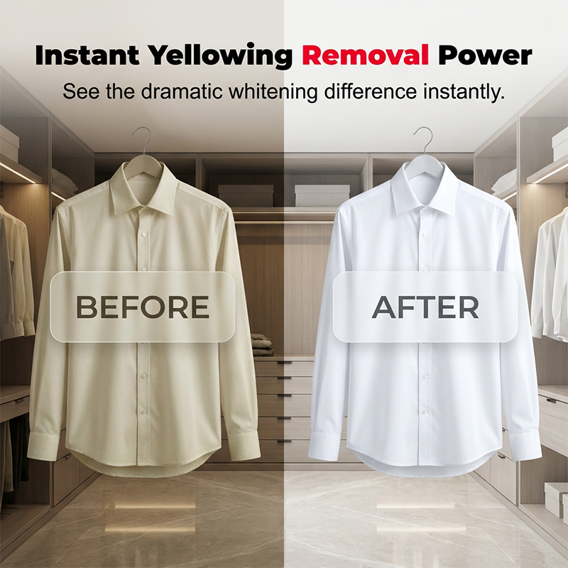 Before and after whitening of a yellowed white garment