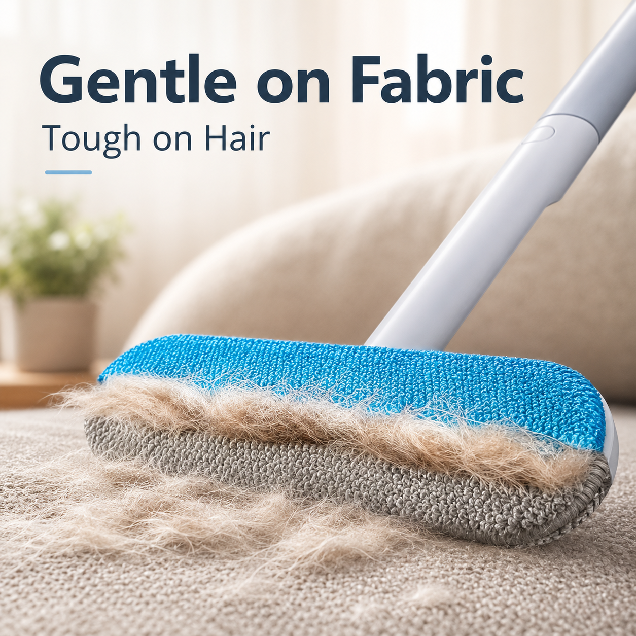 Gentle pet hair brush for fabric surfaces