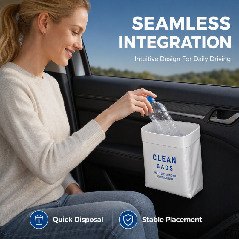 Adhesive backing and removal detail on the car trash bag