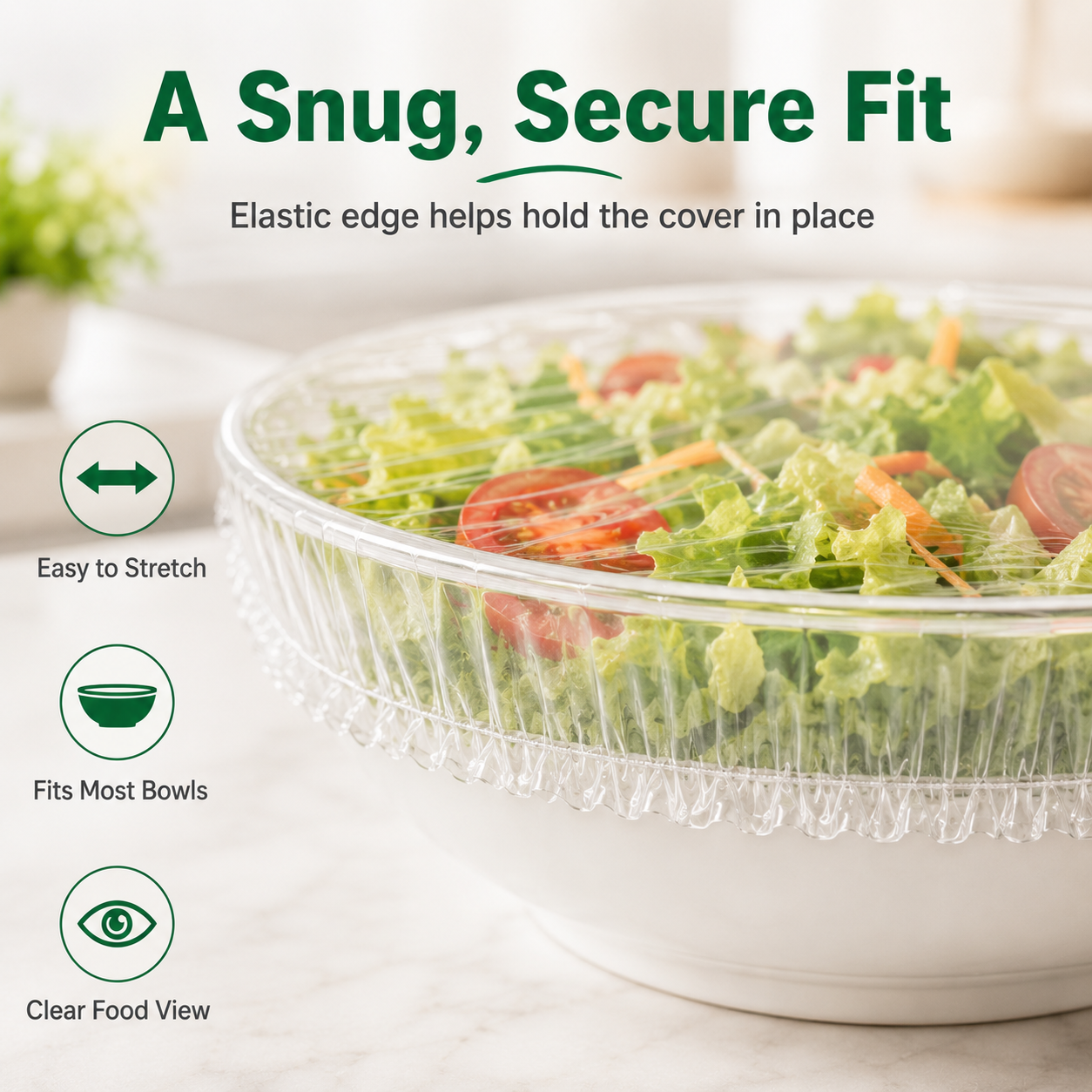 Elastic food cover stretching over a bowl of fresh salad