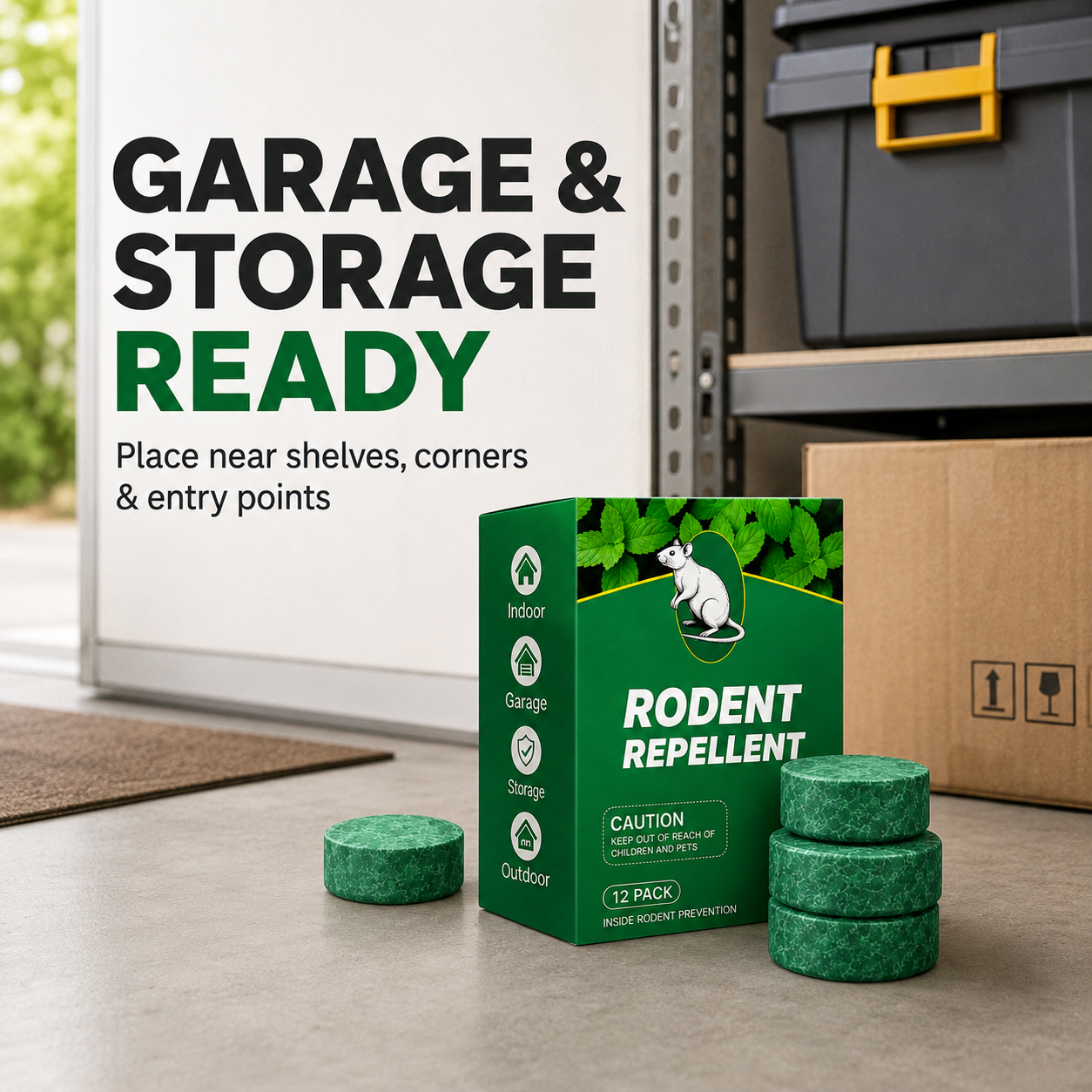 Placing repellent pucks in kitchen cabinet under sink and garage shelves