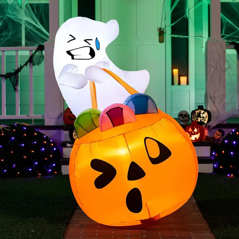 Light-up inflatable cat on pumpkin with built-in LED lights at night