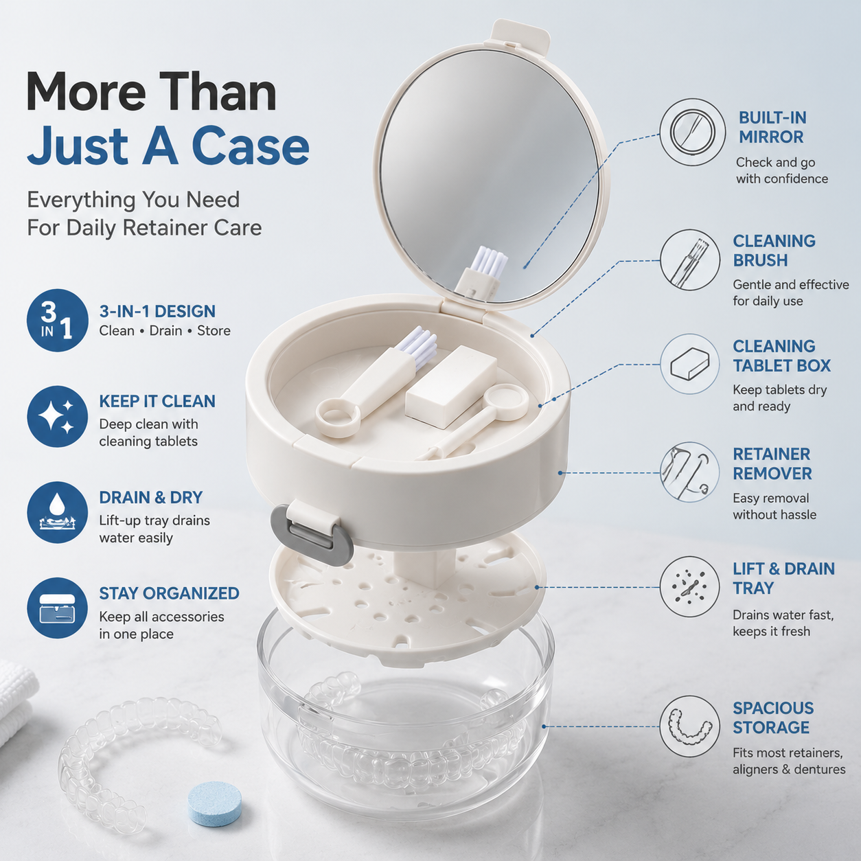 3-in-1 retainer case compartments mirror brush remover and drain tray