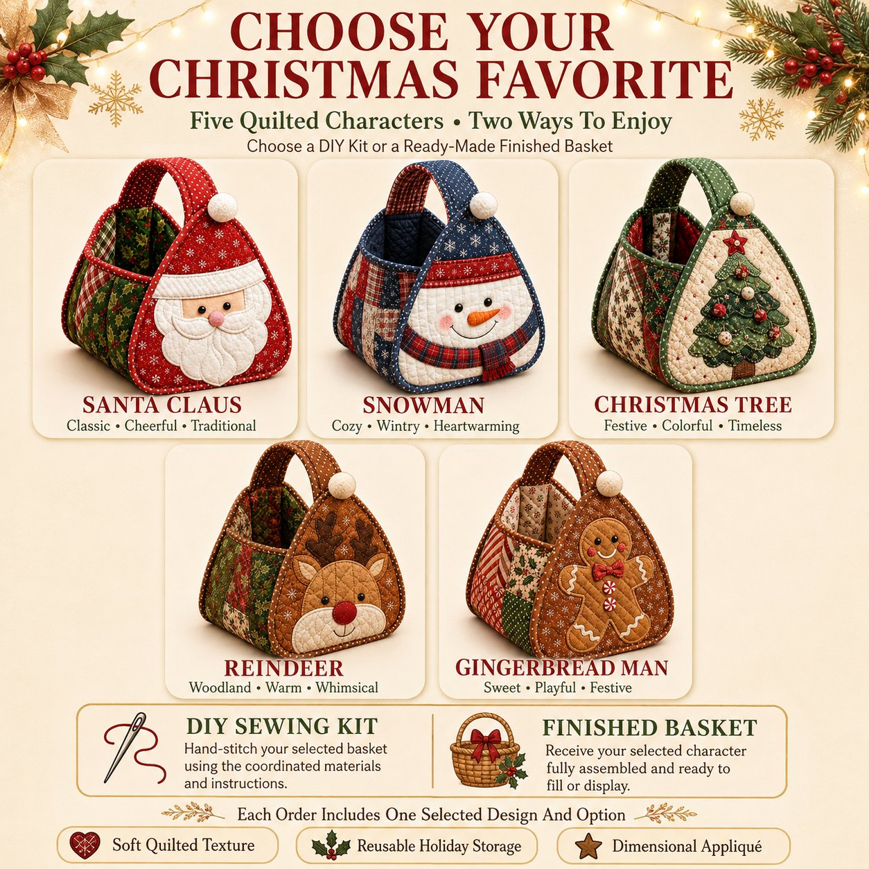 Five Christmas quilted basket character styles lineup