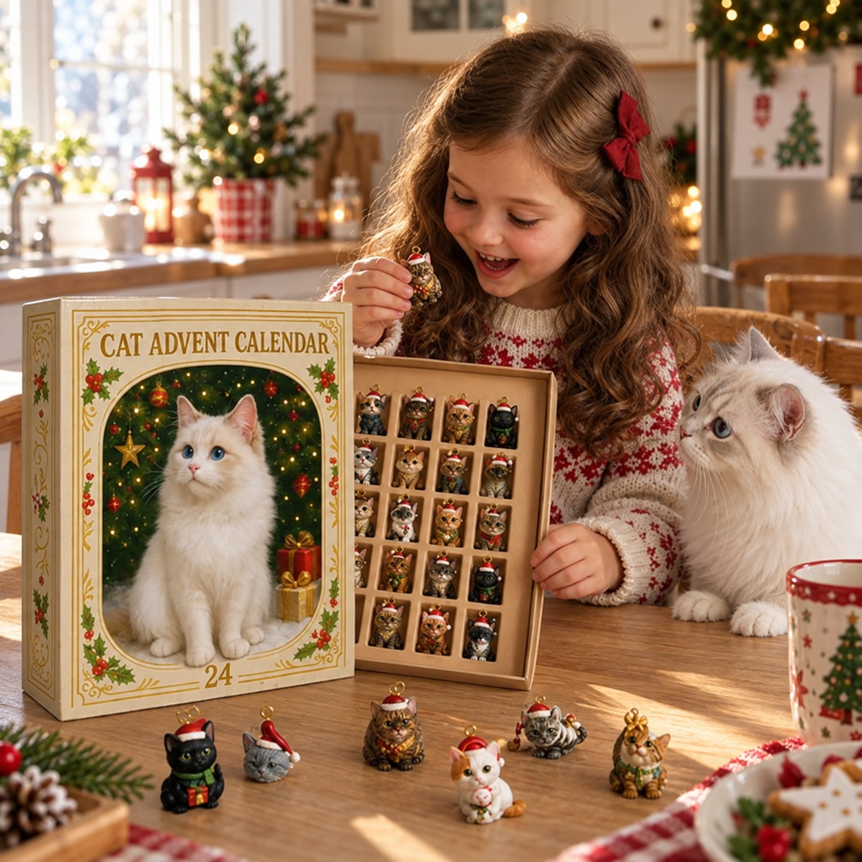 Opening a Christmas cat advent calendar