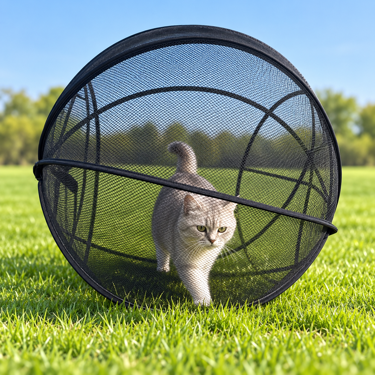 Cat outdoors inside mesh playpen